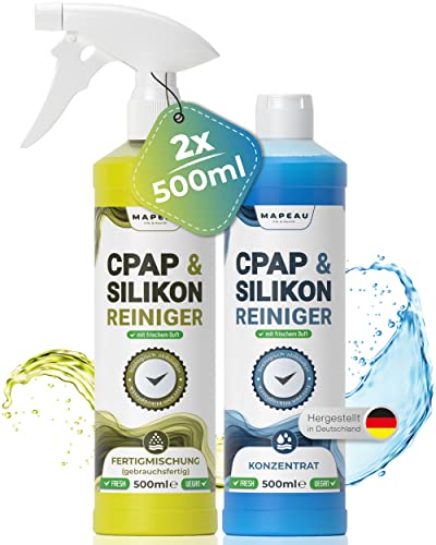 CPAP Maske Reinigungsspray Set 500ml - Konzentrat 500ml Silikon-Reiniger Schlauchreiniger, CPAP Spezialreiniger Sprüher, Kunststoffreiniger, Mapeau (2x 500ml)